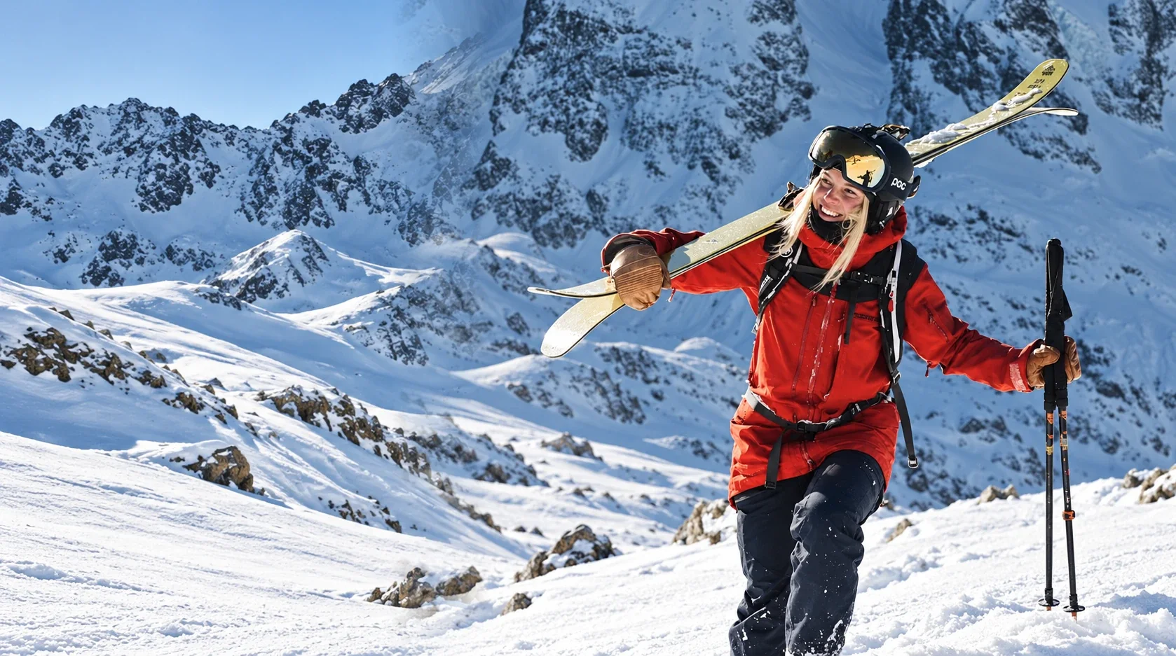 Smiling skier carrying her skis across a snowy mountain ridge