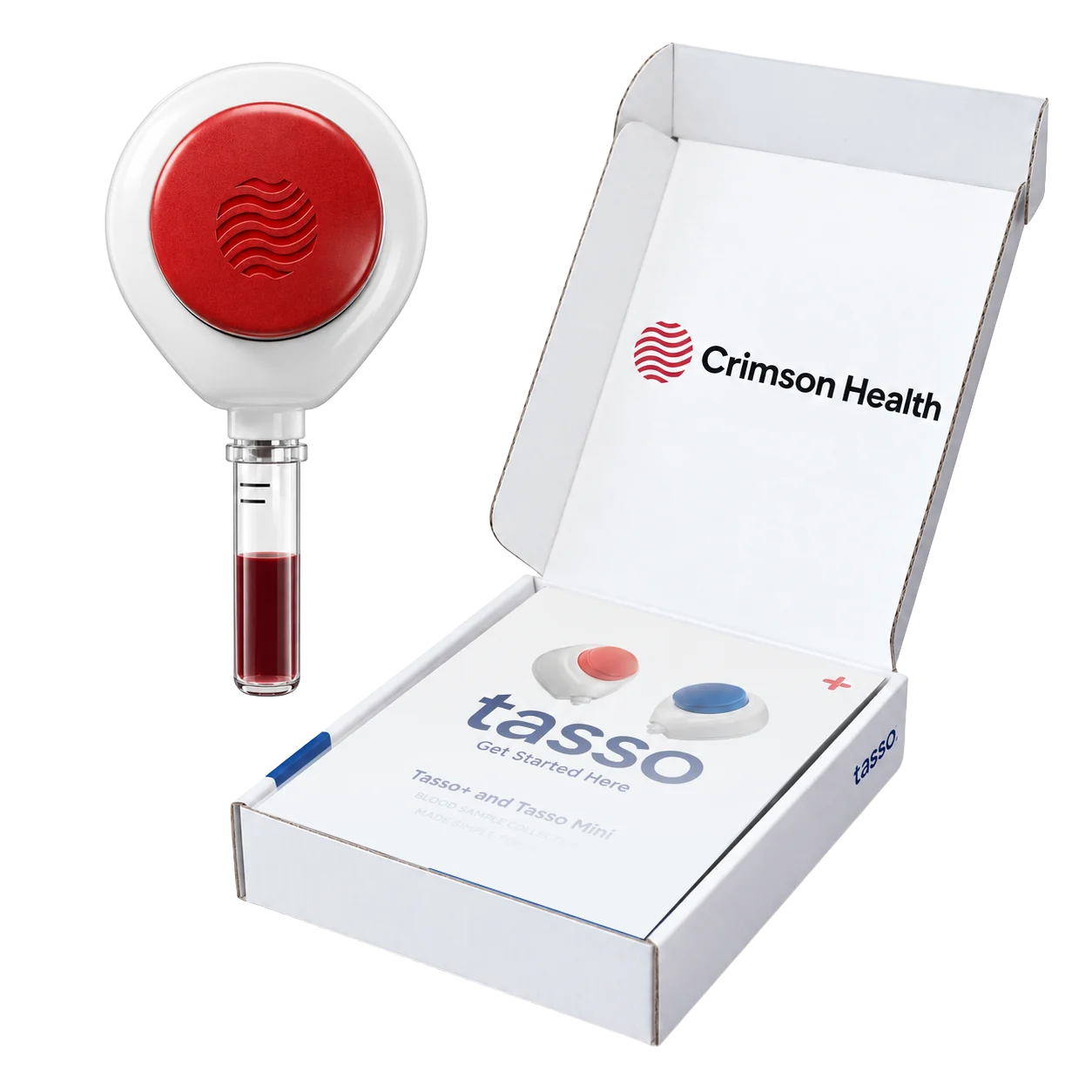 Tasso+ device, Crimson Lab Kit box and phone