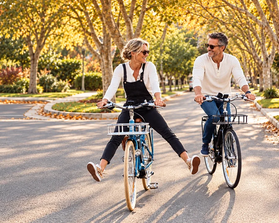Couple riding bicycles down a tree-lined street in autumn